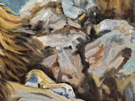 Original Wildlife Oil Painting, Man and Lion Art, Moody Home Decor