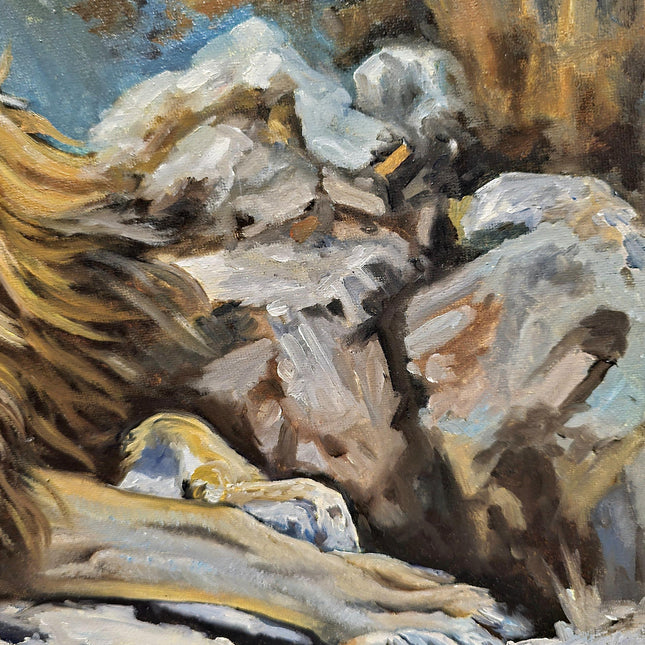 Original Wildlife Oil Painting, Man and Lion Art, Moody Home Decor