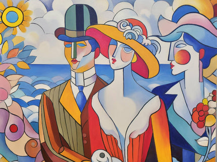 Geometric Muses Oil Painting – French Cubist Seascape, Modern Art