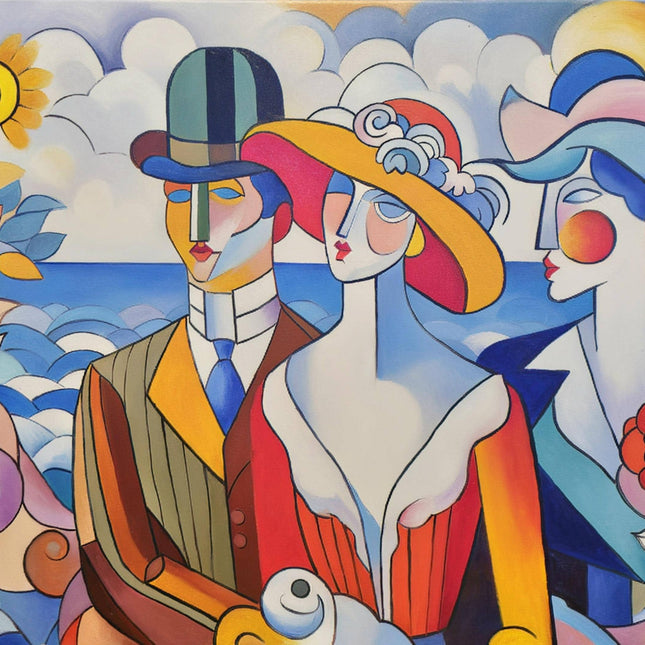 Geometric Muses Oil Painting – French Cubist Seascape, Modern Art