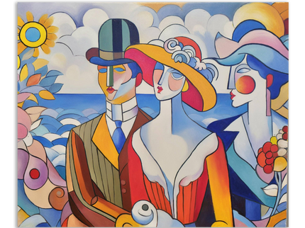 Geometric Muses Oil Painting – French Cubist Seascape, Modern Art
