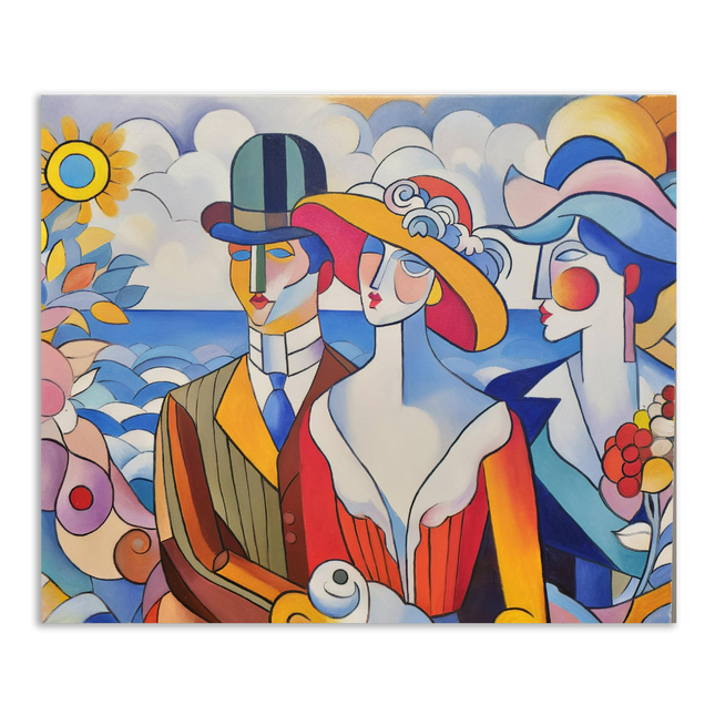Geometric Muses Oil Painting – French Cubist Seascape, Modern Art