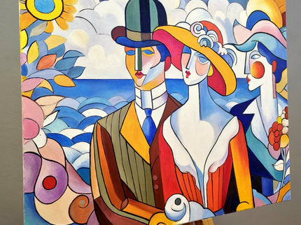 Geometric Muses Oil Painting – French Cubist Seascape, Modern Art