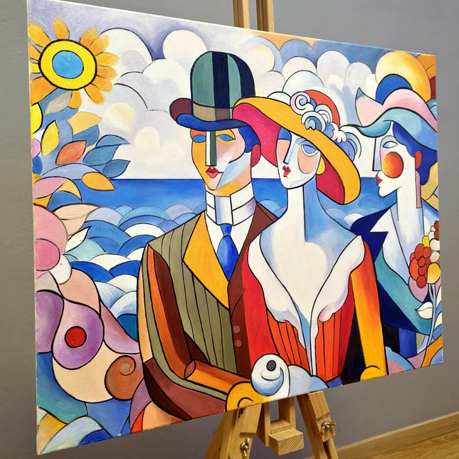 Geometric Muses Oil Painting – French Cubist Seascape, Modern Art
