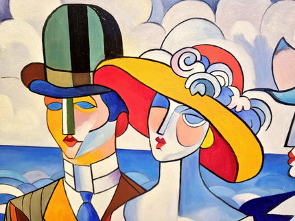 Geometric Muses Oil Painting – French Cubist Seascape, Modern Art