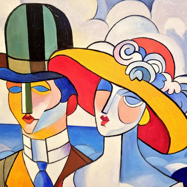 Geometric Muses Oil Painting – French Cubist Seascape, Modern Art