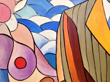 Geometric Muses Oil Painting – French Cubist Seascape, Modern Art