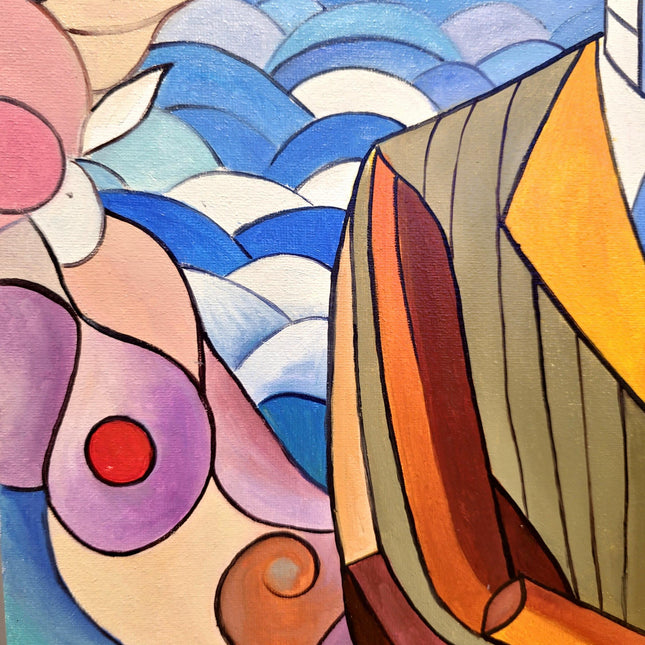 Geometric Muses Oil Painting – French Cubist Seascape, Modern Art