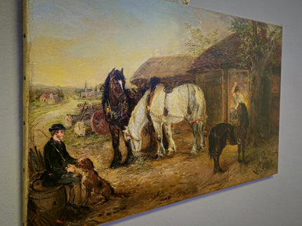 Antique British Victorian Rural Landscape Oil Painting, Original Horse Barn Signed Painting, Rustic Dark Muted Pastoral Equestrian Farm Art