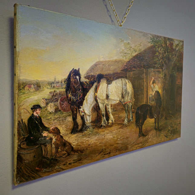Antique British Victorian Rural Landscape Oil Painting, Original Horse Barn Signed Painting, Rustic Dark Muted Pastoral Equestrian Farm Art
