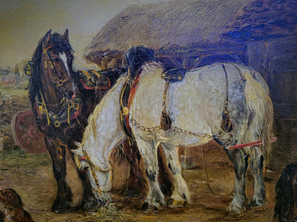 Antique British Victorian Rural Landscape Oil Painting, Original Horse Barn Signed Painting, Rustic Dark Muted Pastoral Equestrian Farm Art