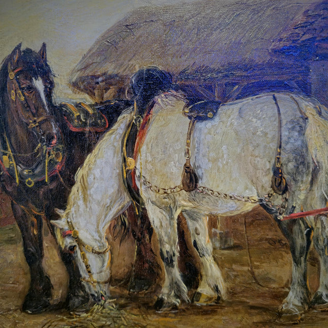 Antique British Victorian Rural Landscape Oil Painting, Original Horse Barn Signed Painting, Rustic Dark Muted Pastoral Equestrian Farm Art