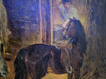 Antique British Victorian Rural Landscape Oil Painting, Original Horse Barn Signed Painting, Rustic Dark Muted Pastoral Equestrian Farm Art