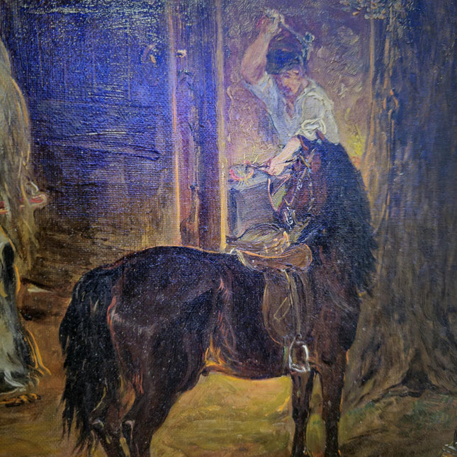 Antique British Victorian Rural Landscape Oil Painting, Original Horse Barn Signed Painting, Rustic Dark Muted Pastoral Equestrian Farm Art