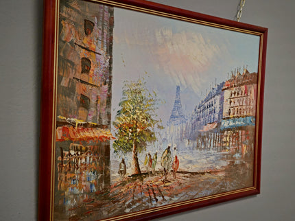 Vintage Eiffel Tower Oil Painting, Parisian Street Scene, 1970s French Impressionism