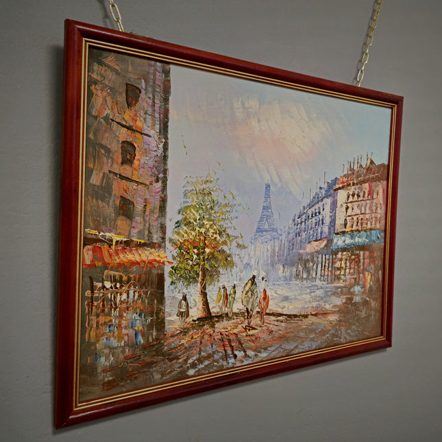 Vintage Eiffel Tower Oil Painting, Parisian Street Scene, 1970s French Impressionism