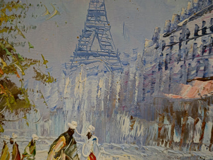 Vintage Eiffel Tower Oil Painting, Parisian Street Scene, 1970s French Impressionism