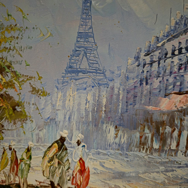 Vintage Eiffel Tower Oil Painting, Parisian Street Scene, 1970s French Impressionism