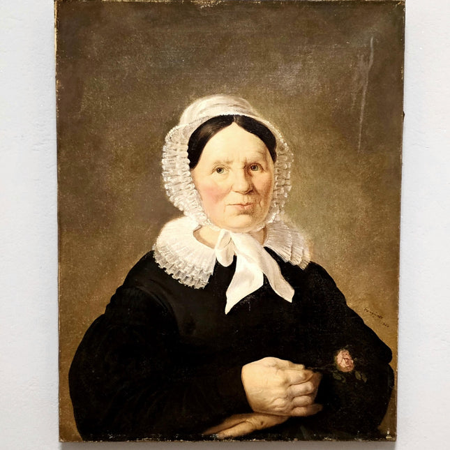 Antique Woman Portrait Oil Painting, 19th Century Vintage Classical Swiss Bonnet Lady, Signed Original Painting, Historical French Decor