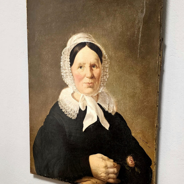 Antique Woman Portrait Oil Painting, 19th Century Vintage Classical Swiss Bonnet Lady, Signed Original Painting, Historical French Decor