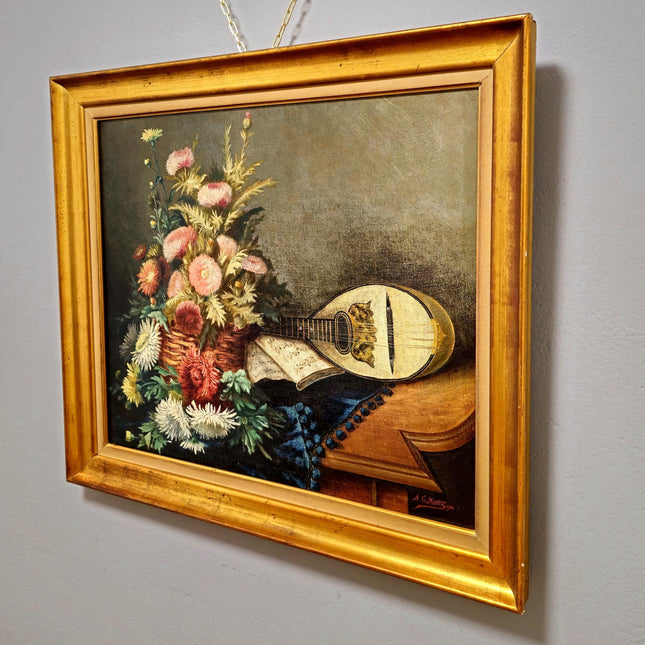Antique French Floral Still Life Oil Painting, Dark Muted Flowers Mandolin Signed Original Painting, Vintage French Farmhouse Cabin Decor