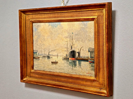 Antique French Harbor Oil Painting, Signed Nautical Seascape, Gilded Frame, Marine Coastal Art, European Wall Decor