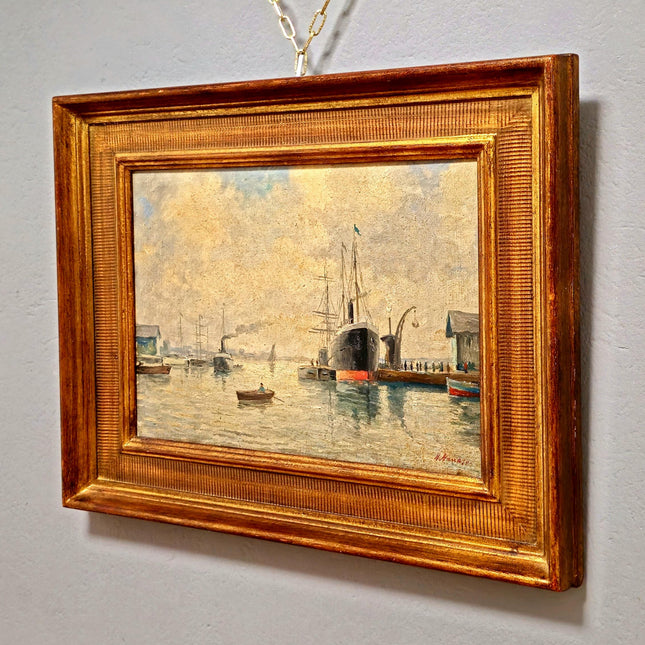 Antique French Harbor Oil Painting, Signed Nautical Seascape, Gilded Frame, Marine Coastal Art, European Wall Decor
