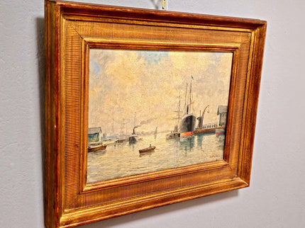 Antique French Harbor Oil Painting, Signed Nautical Seascape, Gilded Frame, Marine Coastal Art, European Wall Decor