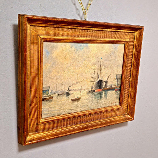 Antique French Harbor Oil Painting, Signed Nautical Seascape, Gilded Frame, Marine Coastal Art, European Wall Decor