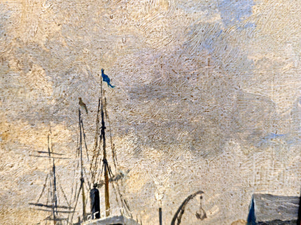 Antique French Harbor Oil Painting, Signed Nautical Seascape, Gilded Frame, Marine Coastal Art, European Wall Decor