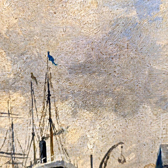 Antique French Harbor Oil Painting, Signed Nautical Seascape, Gilded Frame, Marine Coastal Art, European Wall Decor