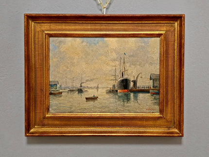 Antique French Harbor Oil Painting, Signed Nautical Seascape, Gilded Frame, Marine Coastal Art, European Wall Decor