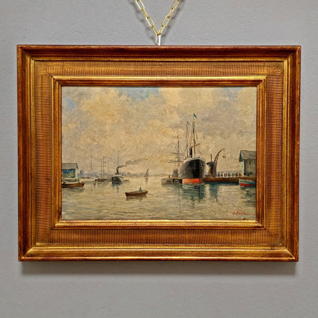 Antique French Harbor Oil Painting, Signed Nautical Seascape, Gilded Frame, Marine Coastal Art, European Wall Decor