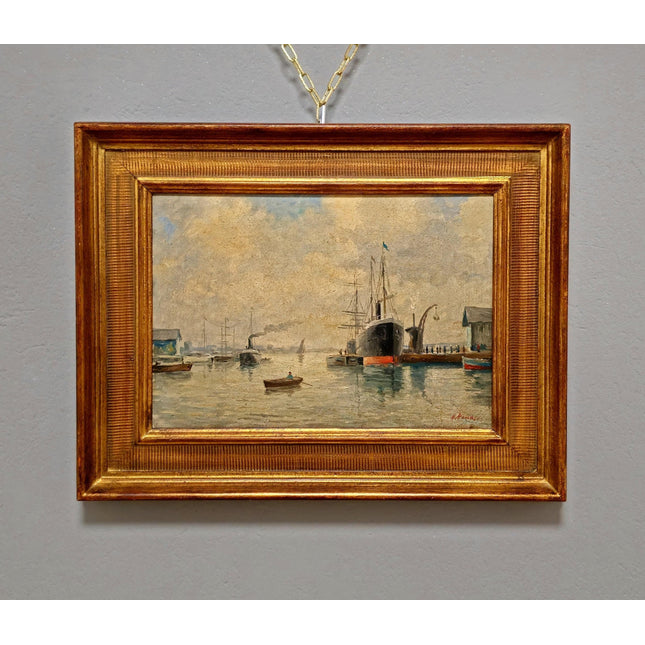 Antique French Harbor Oil Painting, Signed Nautical Seascape, Gilded Frame, Marine Coastal Art, European Wall Decor