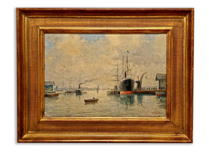 Antique French Harbor Oil Painting, Signed Nautical Seascape, Gilded Frame, Marine Coastal Art, European Wall Decor