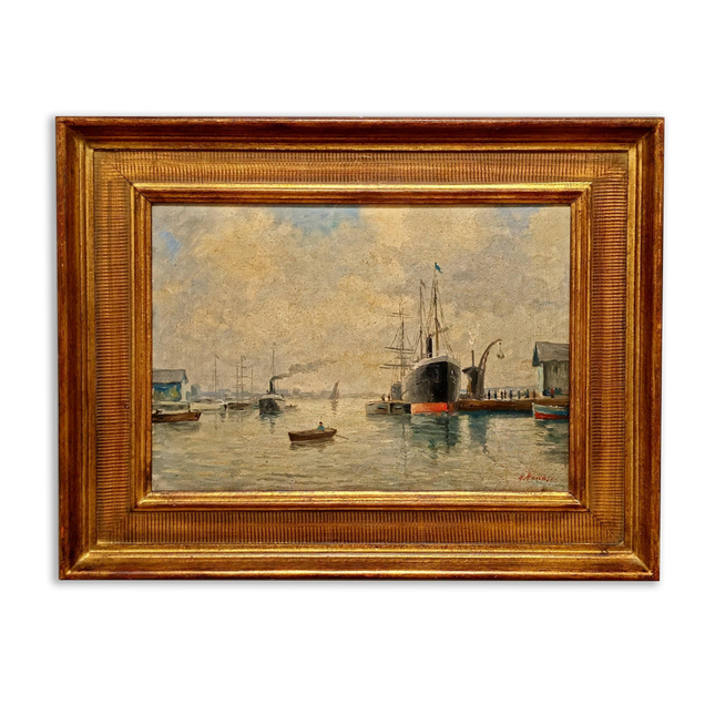 Antique French Harbor Oil Painting, Signed Nautical Seascape, Gilded Frame, Marine Coastal Art, European Wall Decor