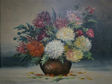 Vintage French Floral Oil Painting, Framed Chrysanthemum Art