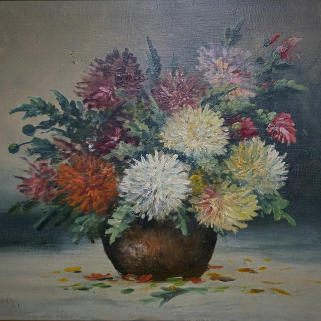 Vintage French Floral Oil Painting, Framed Chrysanthemum Art