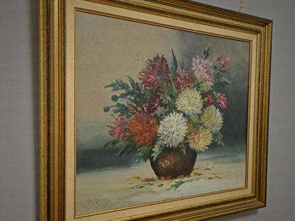 Vintage French Floral Oil Painting, Framed Chrysanthemum Art
