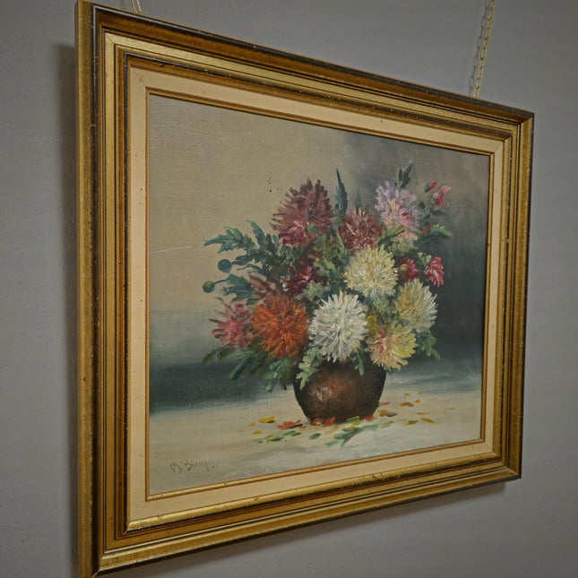 Vintage French Floral Oil Painting, Framed Chrysanthemum Art