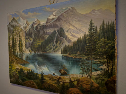 Antique Mountain Lake Oil Painting, Swiss Alpine Landscape, Signed