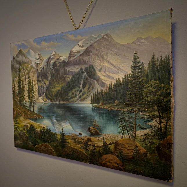 Antique Mountain Lake Oil Painting, Swiss Alpine Landscape, Signed