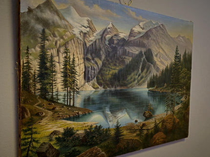 Antique Mountain Lake Oil Painting, Swiss Alpine Landscape, Signed