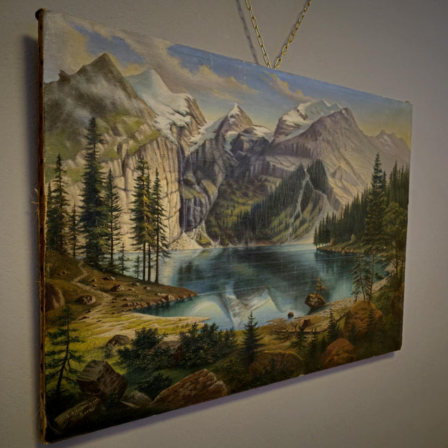 Antique Mountain Lake Oil Painting, Swiss Alpine Landscape, Signed