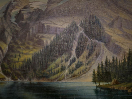 Antique Mountain Lake Oil Painting, Swiss Alpine Landscape, Signed