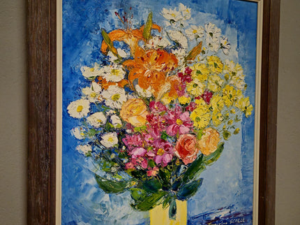 Vintage Floral Oil Painting: Signed French Still Life, Framed Canvas Art
