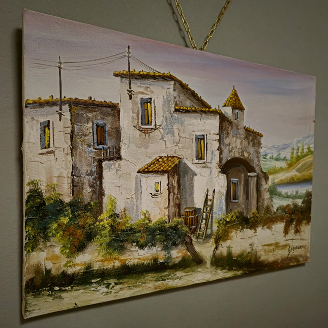 Vintage Italian Landscape Oil Painting, Signed Tuscan Village Scene, Rustic Countryside Art, Mediterranean Home Decor, Original Artwork