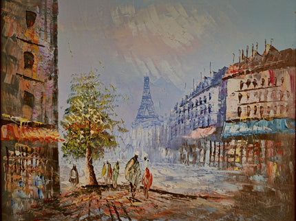 Vintage Eiffel Tower Oil Painting, Parisian Street Scene, 1970s French Impressionism