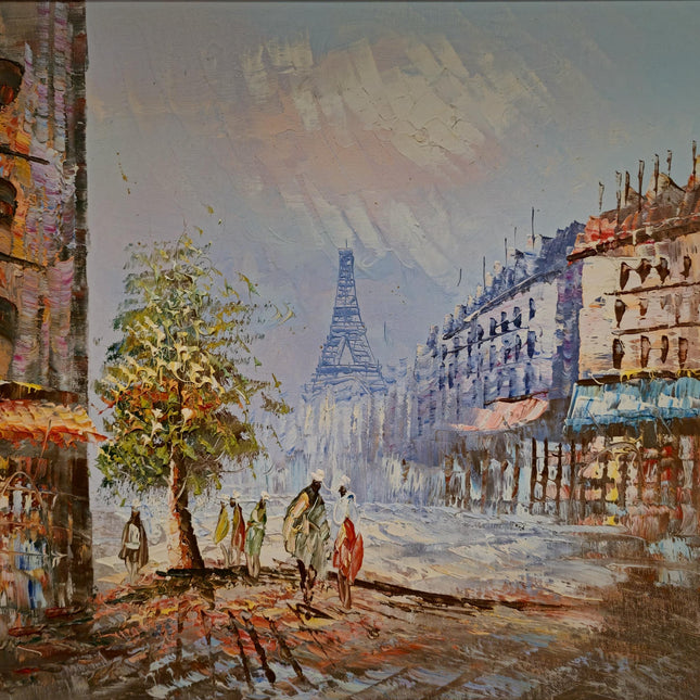 Vintage Eiffel Tower Oil Painting, Parisian Street Scene, 1970s French Impressionism