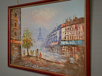Vintage Eiffel Tower Oil Painting, Parisian Street Scene, 1970s French Impressionism